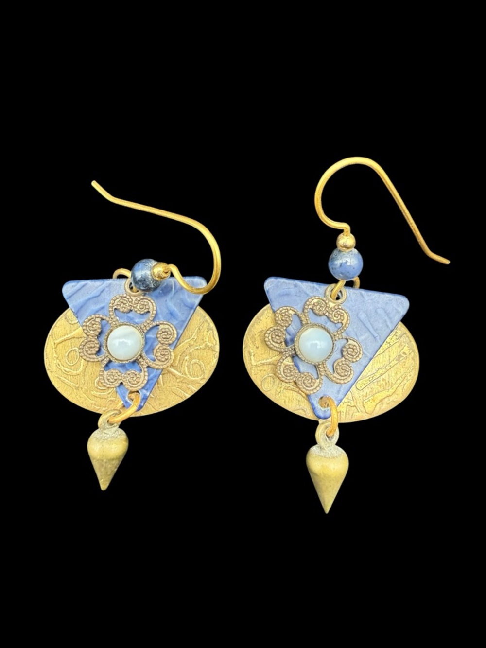 Blue & Gold Floral Triangle Motif Drop Earrings